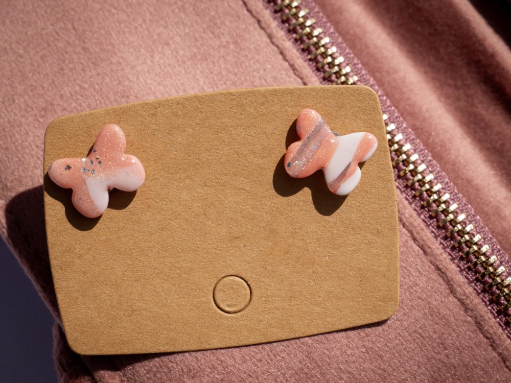 Puces papillons rose & argent - Miladora Créations