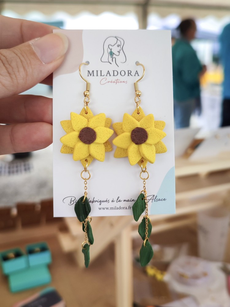 Boucles d'oreilles Tournesols - Miladora Créations - Bijoux en argile polymère et acier inoxydable