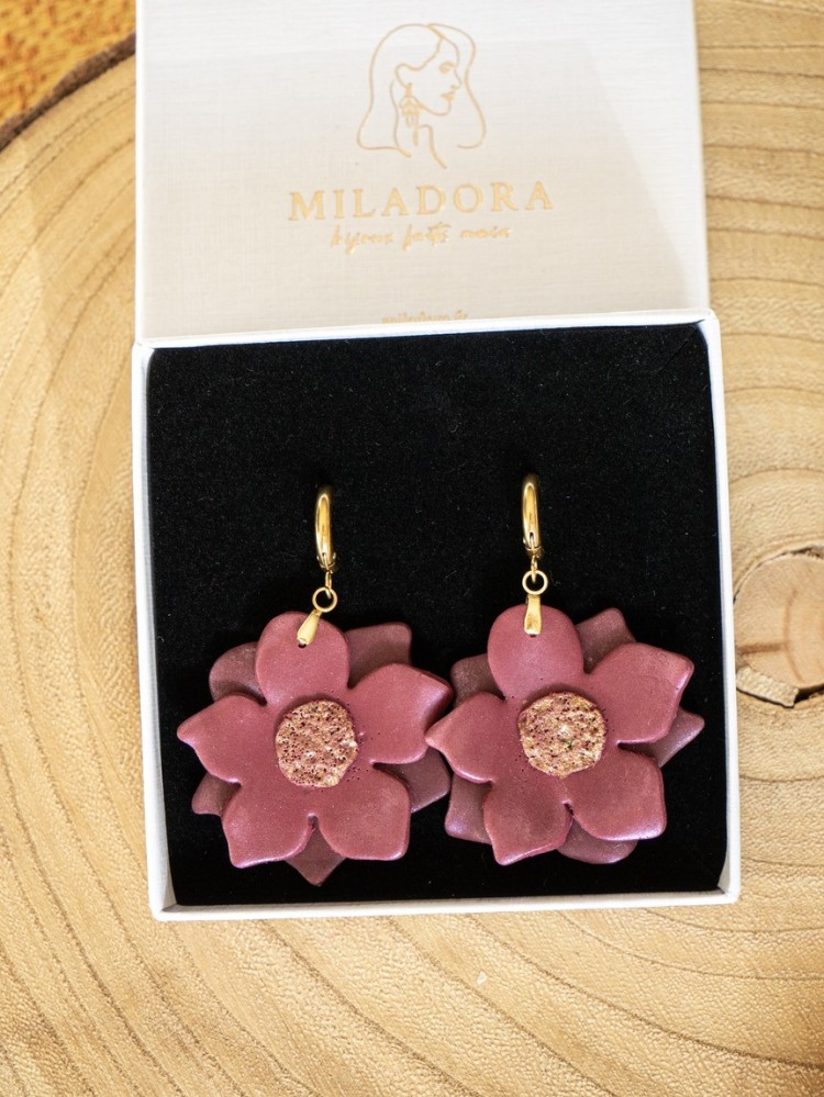 Boucles d'oreilles Fleurs de lune - Miladora Créations - Bijoux en argile polymère et acier inoxydable